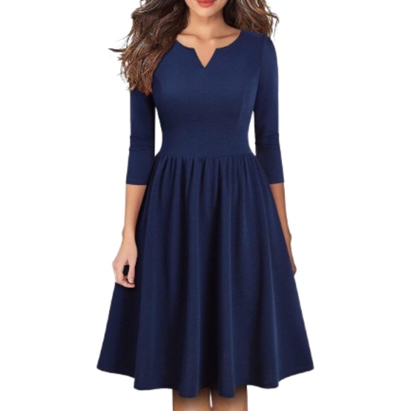 Women's Vintage Style Pleated Flared Swing A-Line Midi Dress - Picture 1 of 6